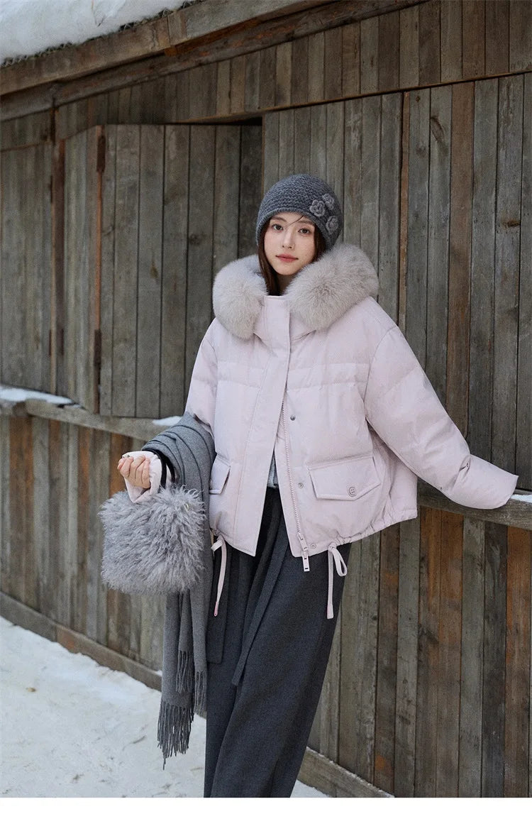 MISHOW Short Lightweight Puffer for Women 2025 Fashion Loose Long-sleeved Down Jacket Detachable Fur Collar Warm Coat MXE87Y0084