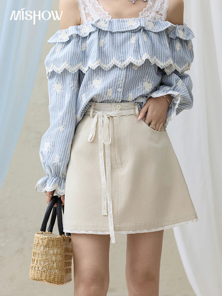MISHOW Office Lady Summer Skirts Women New 2025 Solid Lace Belt High Waist A-line Hip Skirt Woman Fashion Slimming MXE32B0711