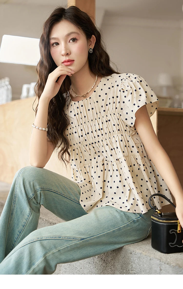 MISHOW Polka Dot Blouses for Women 2025 Summer French Flying Sleeve O Neck Elastic Folds Loose Retro Female Doll Top MXC39X1291