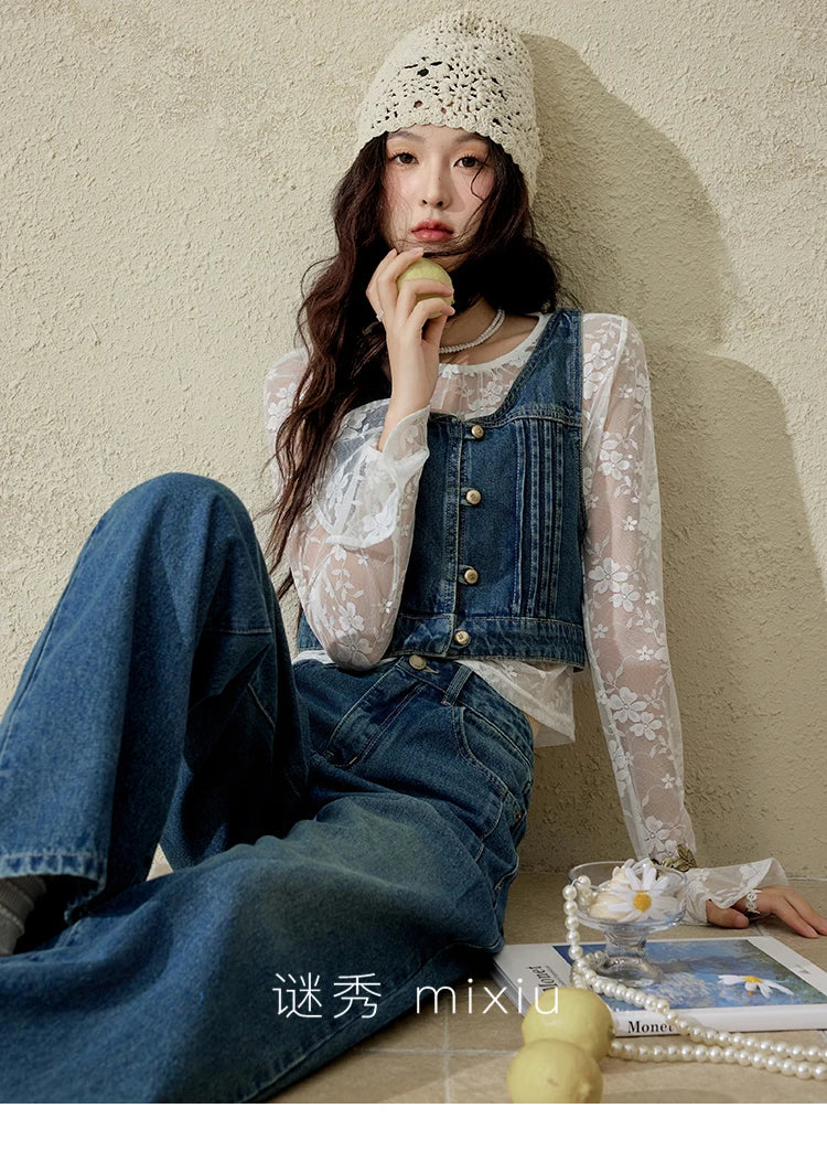 MISHOW Retro Denim Vest Coat for Women Spring Summer 2025 Deep Blue V-neck Short Versatile Outer Outfit U-neck Ccoats MXE16W0750