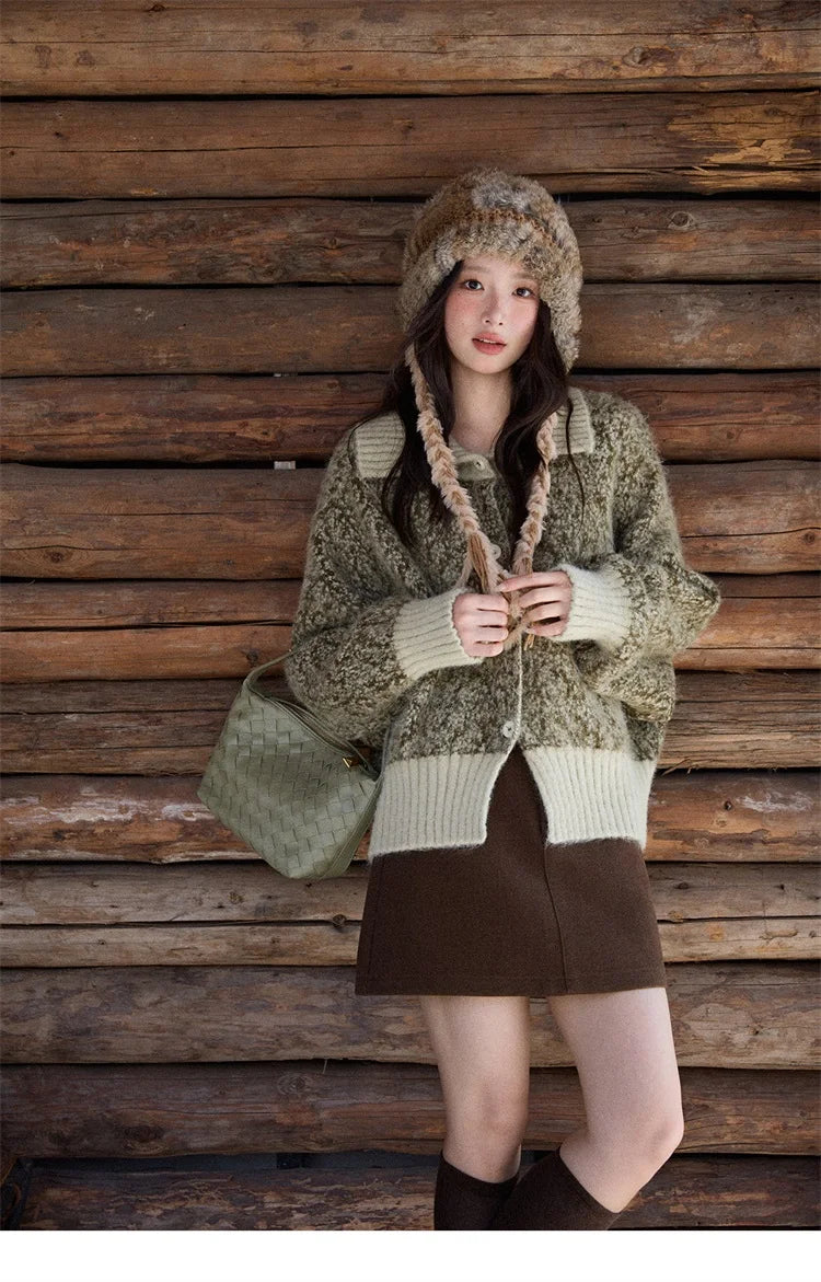 MISHOW Women's Green Retro Mottled Sweater Winter 2025 Casual Stand-up Collar Batwing Sleeves Knitted Cardigan tops MXE90Z2787