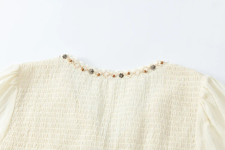 MISHOW Apricot Vacation Dress for Women Spring 100 Cotton Splicing Lace Retro Dress V-neck Waist Slim Long Dresses MXE16L2168