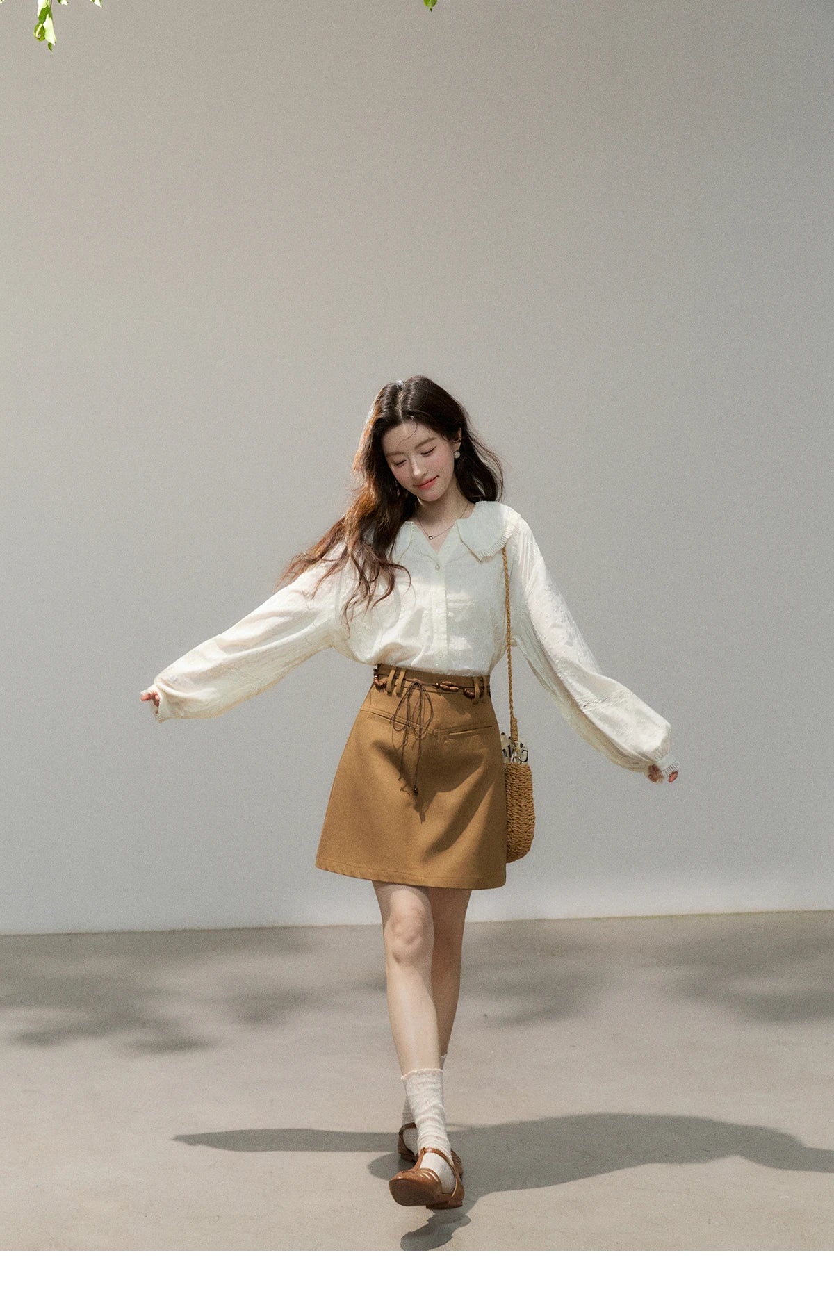 MISHOW Women's Beige Apricot Lace Shirts 2026 Spring Peter Pan Collar Micro Lantern Sleeves Top Casual Elegant Shirt MXF108C0813