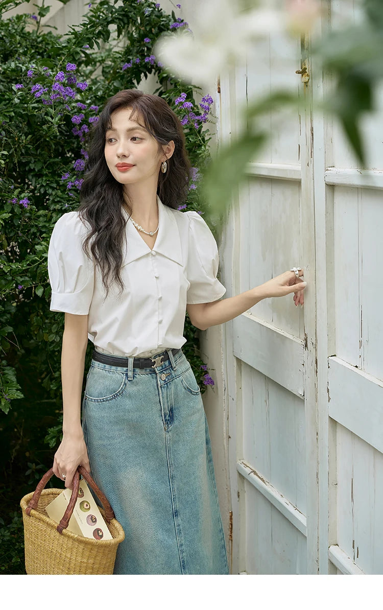 MISHOW Bubble Sleeve V-neck Commuting Shirts for Women 2025 Summer Retro Lapel Neck Short Sleeve Loose Solid Tops MXD28X1471