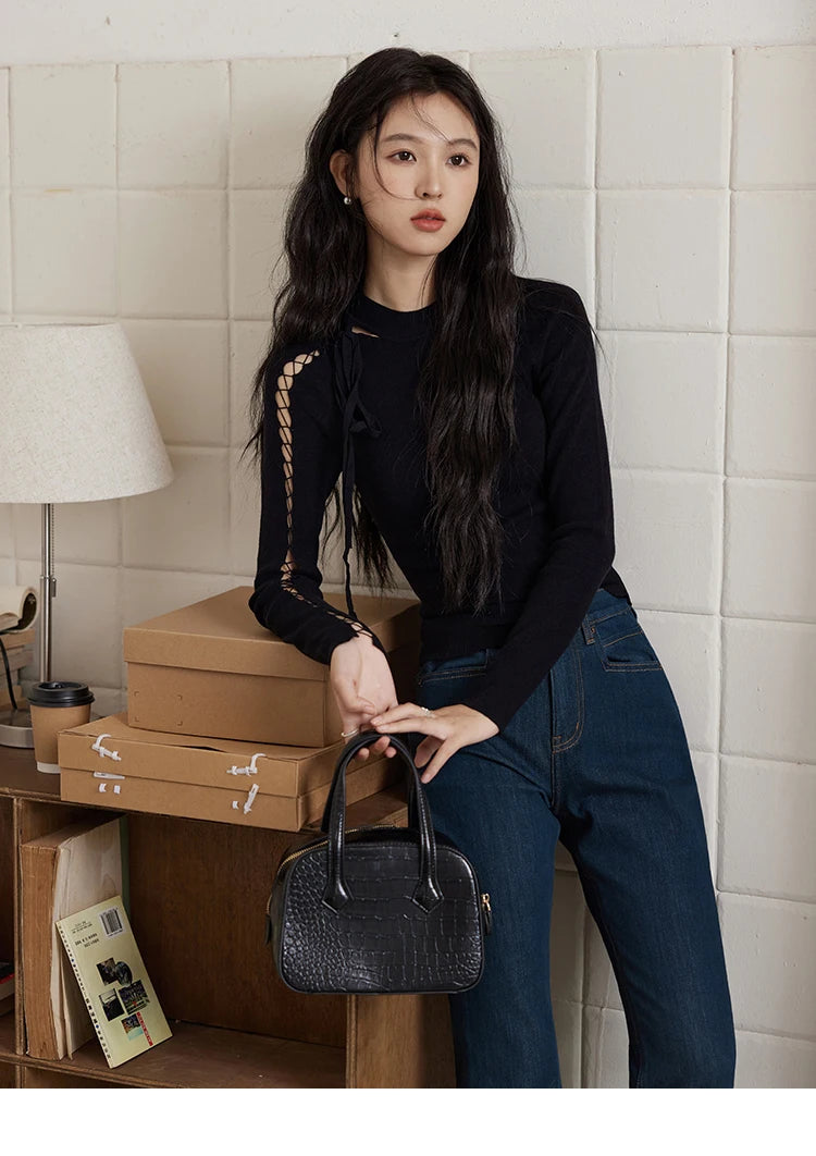 MISHOW Bottom Knit Sweater Women Fashion Hollow Tie Design Bottoming Shirt 2024 Fall New Warm Long-sleeved Slim Tops MXD45Z0766