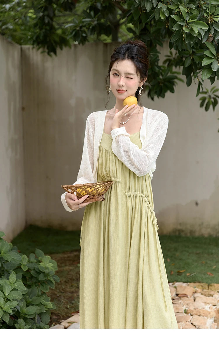 MISHOW Irregular Pleated Suspender Long Dress for Women 2025 Summer Olive Green Dress Loose Drawstring Waist Dresses MXD31L1928