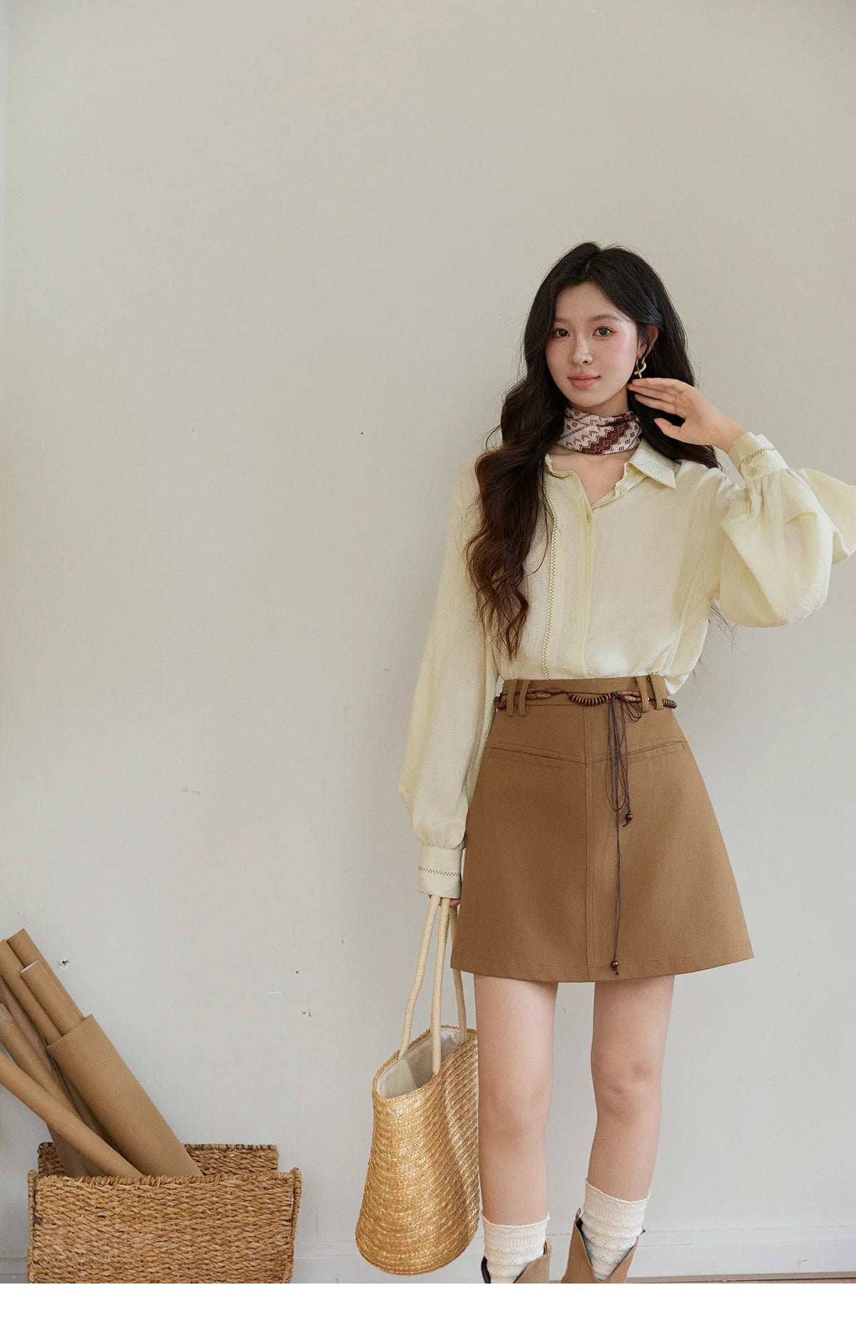 MISHOW Women's Lapel Lantern Sleeve Shirts 2026 Spring Lace Trim Casual Loose Breathable Solid Shirt Office Lady MXF13C2436