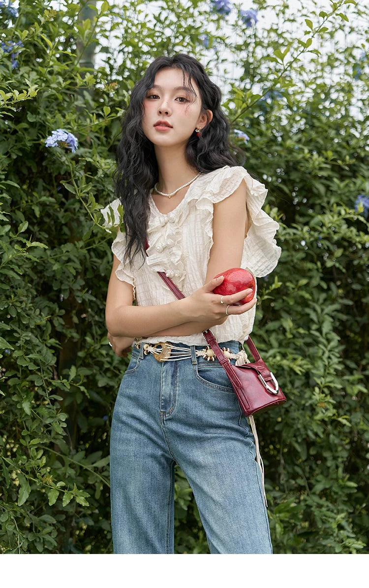 MISHOW Chinese Retro Button Up Blouse for Women 2024 Summer Flying Sleeve Chiffon Embroidery V-Neck Top with Camisole MXD21X1374