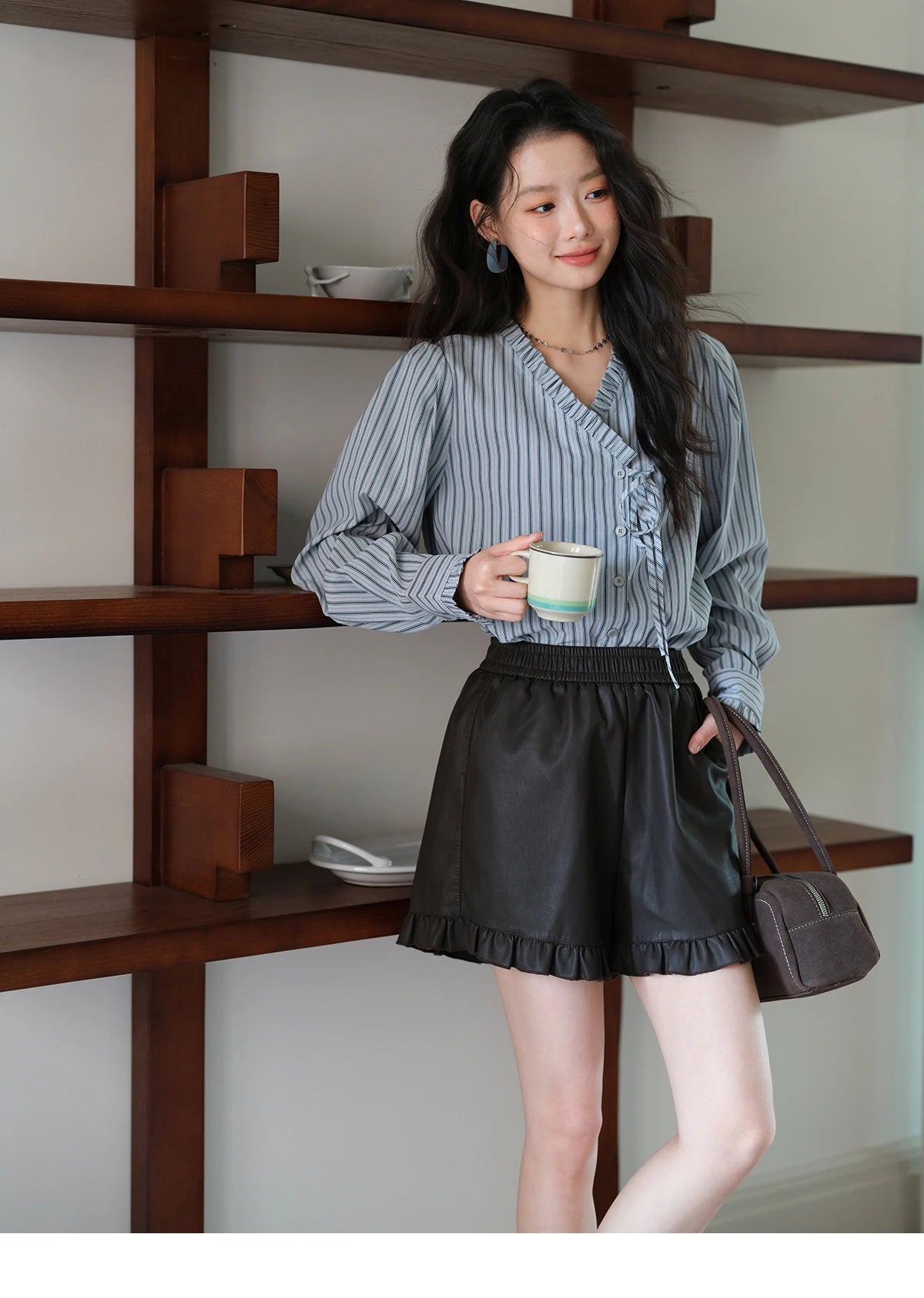 MISHOW Blue Striped Peach Skin Velvet V-neck Shirts for Women Autumn 2025 Asymmetrical Lace-up Commuting Casual Shirt MXE42X2472