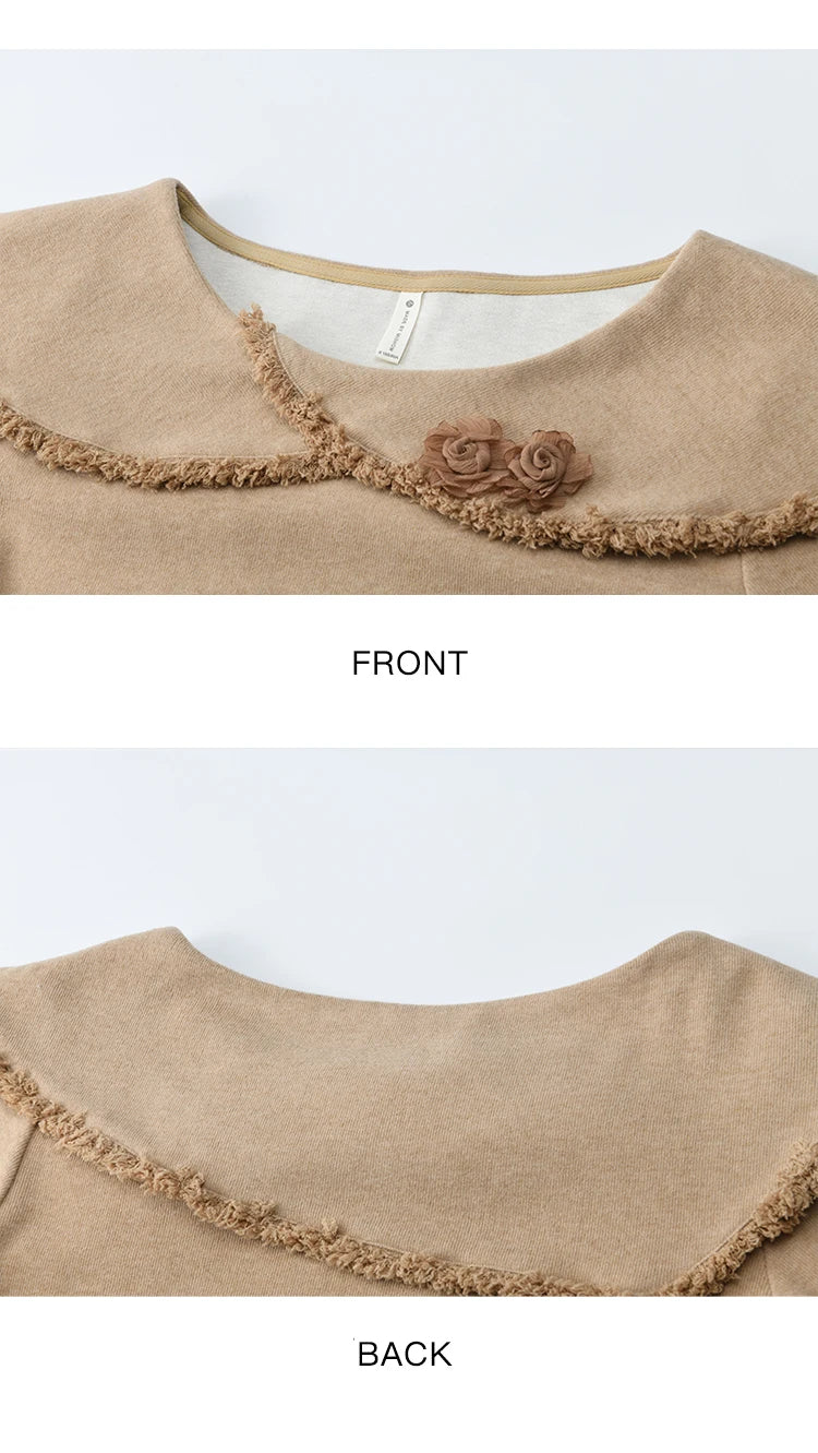 MISHOW  Women's Long-sleeved Tops 2025 Winter Retro Brown Three-dimensional Flower Decoration Round Neck Knitted Tops MXE51Z2593