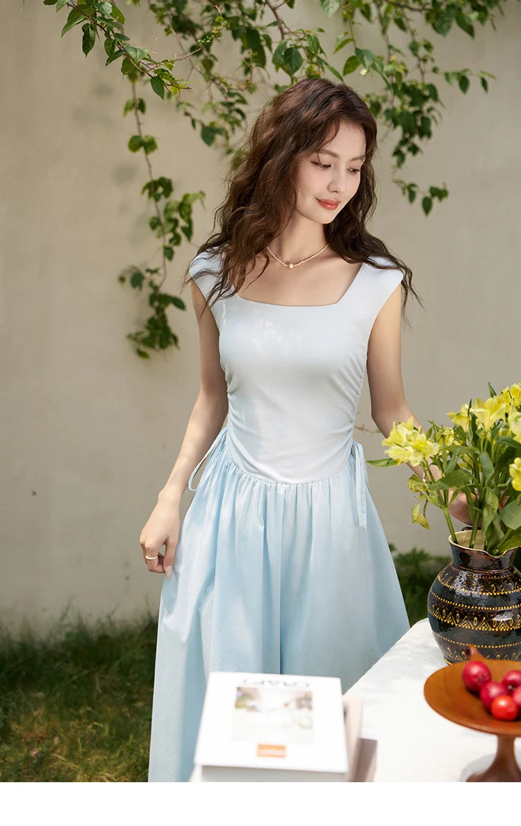 MISHOW Square Neck Patchwork Knitted Long Dress Summer 2024 Minimalist High Waist Side Drawstring Waist Slim Dresses MXD23L1818