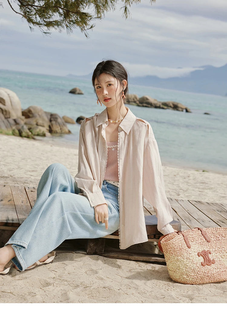 MISHOW Office Lady Summer Blouses Women 2025 New Striped Long Sleeve Turn-down Collar Shirt Female Fashion Loose Tops MXE33C0772