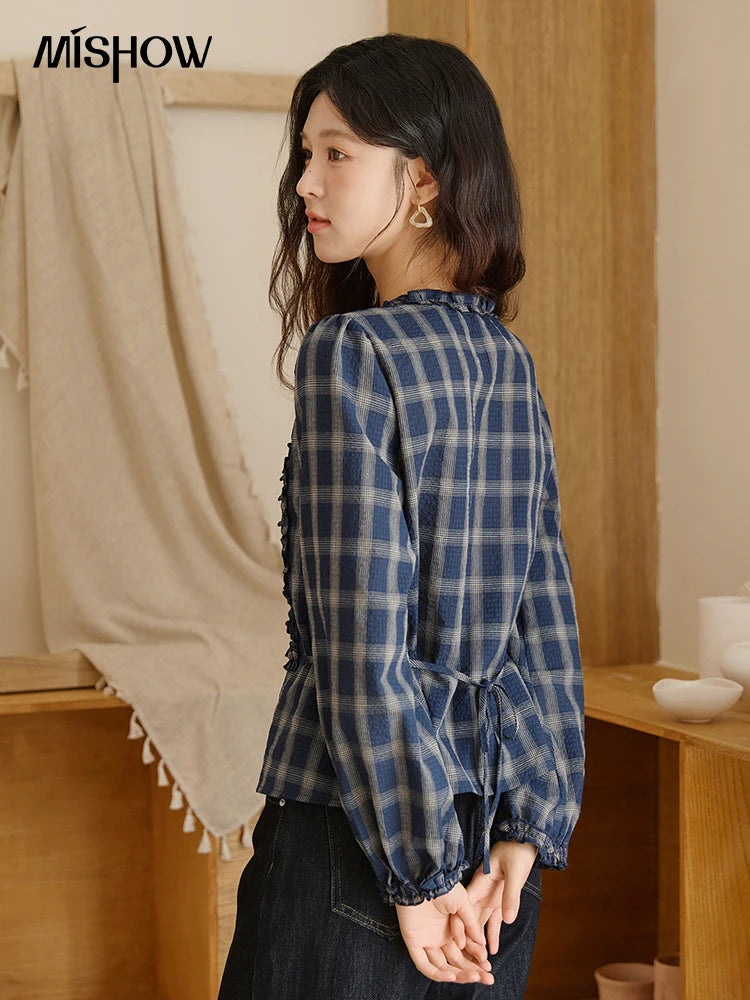 MISHOW Women's Vintage Blue Plaid Shirt 2025 Autumn New Elegant Luxury Loose Waist Shirts Round Neck Long Sleeved Top MXE45X2480