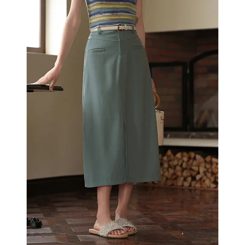 MISHOW Women's Suit Straight Midi Skirt 2025 Summer High Waist Slim Solid Front Fork Female Rear Elastic Waist Skirts MXC15B0026