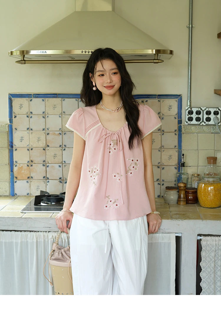 MISHOW Fashion Embroidery Flower Blouses for Woman 2025 Summer O-Neck Lace Up Flying Sleeve Lace Spliced Loose Top MXE39X1880