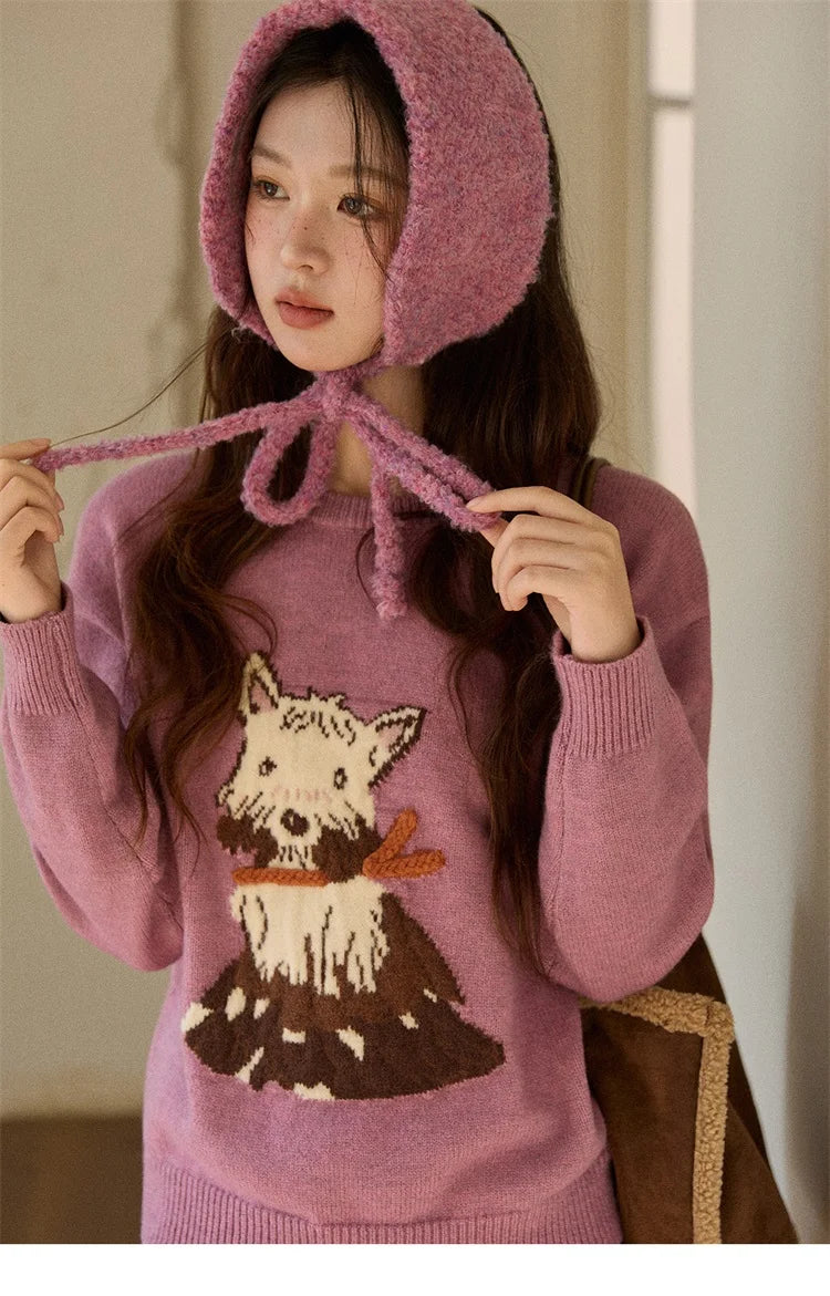MISHOW Women's Jacquard Dog Thick Sweater Winter Purple Arctic Fleece Loose Soft Knitted Tops (Headband Not Included) MXE88Z2599