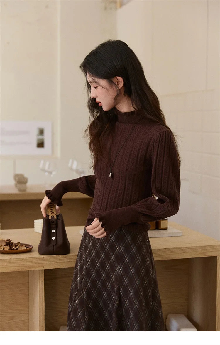 MISHOW Women's Half Turtleneck Ruffle Trim Lantern Sleeve Bottoming Tops 2025 Winter Vertical Rib Slim Knitted Top MXE93Z2810