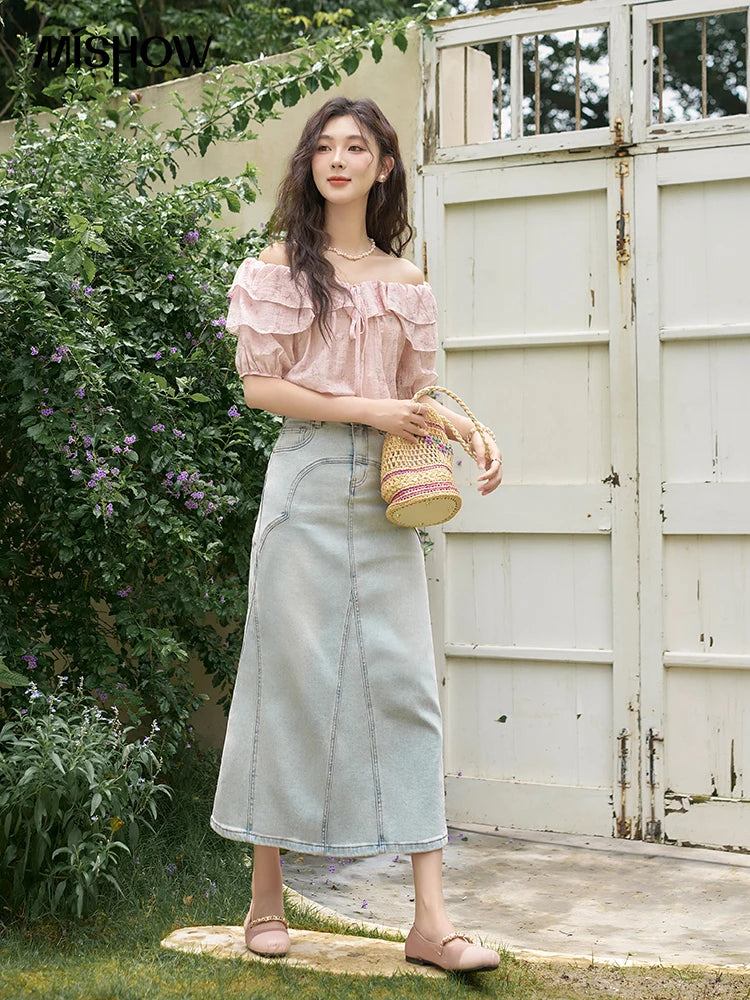 MISHOW French Retro Floral Short Sleeve Blouses Summer 2025 Loose One Line Shoulder Ruffled Edge Lace Up Sweet Top MXD25X1520