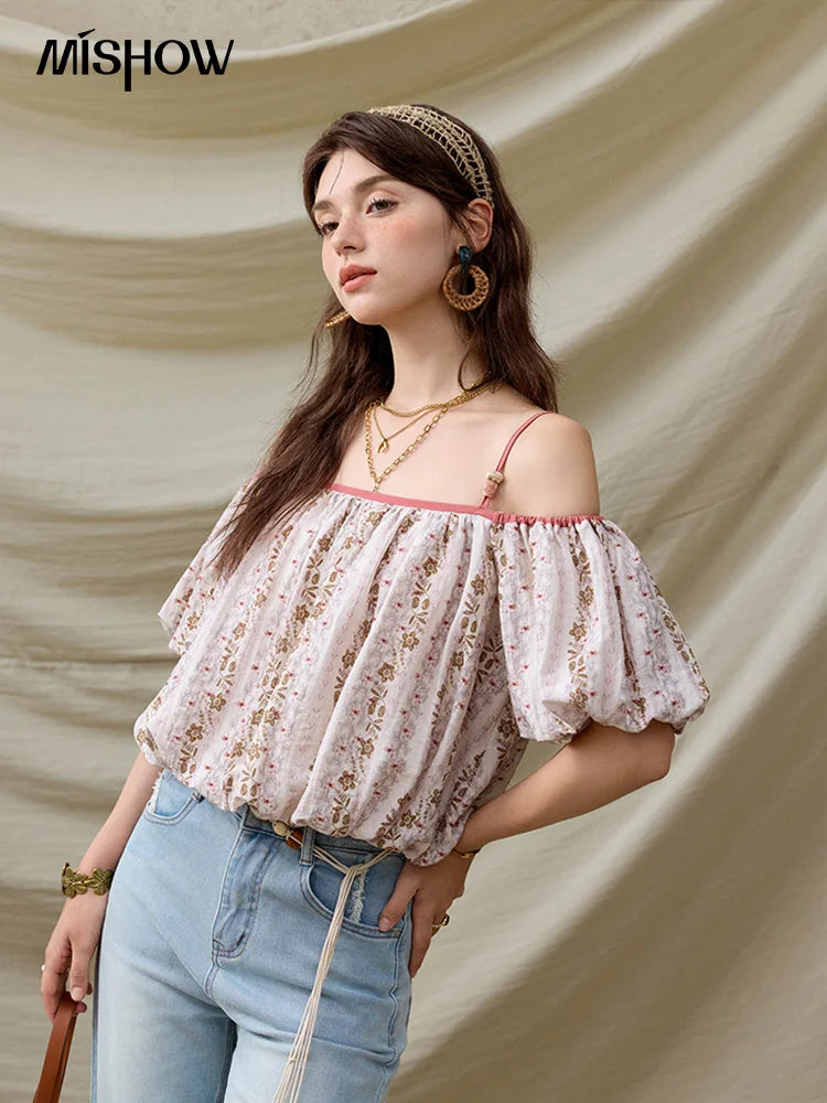 MISHOW French Summer Blouses Women New 2025 One-shoulder Floral Short Sleeve Contrast Color Shirts Woman Fashion MXE31X1767