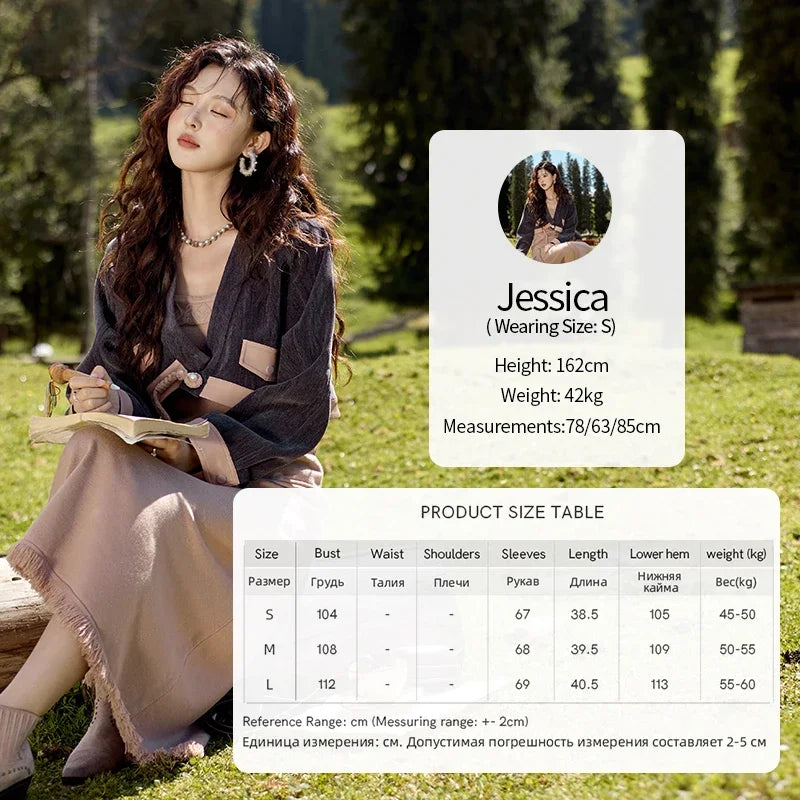 MISHOW Chenille Coat Knitted Strap Dress Separately Autumn Color Blocking Fake Pocket Top Square Neck Tassel Dresses MXD43L2041