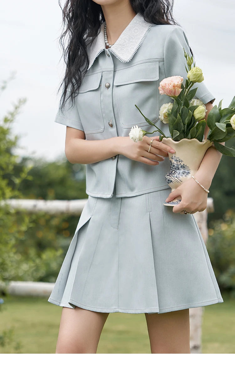 MISHOW French Fragrance Top Pleated Skirt Separately 2024 Lapel Neck Single Breasted Shirt High Waist A-line Skirts MXD24C0201