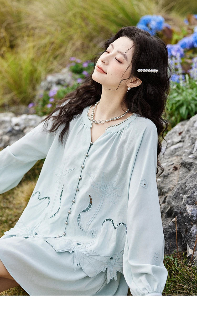 MISHOW Women's Sweet Blouses A-line Skirts Set Vintage Hollow Out Embroidery Loose Shirt Solid Skirt Two-piece Set MXE12T0455