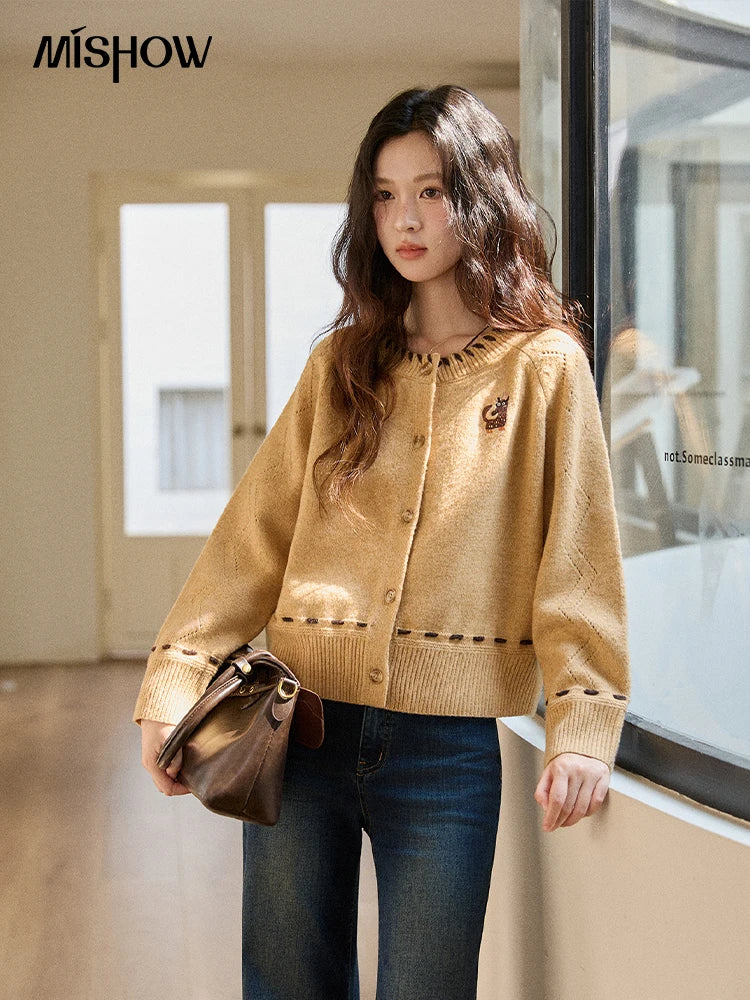 MISHOW Winter Knit Women's Cardigan 2025 New Little Fox Embroidered Sweater Retro Orange Loose Long-sleeved Tops MXE88Z2598