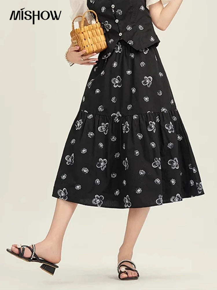 MISHOW High Waist Slim Floral Printing A-line Skirts Temperament Mid Length Skirt 2025 Summer Elastic Waist Skirt MPD21B0398