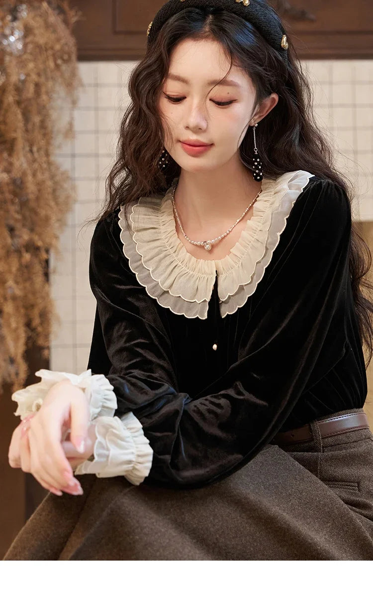 MISHOW French Retro Velvet Blouses for Women 2025 Autumn Winter Button Down O Neck Korean Long Sleeve Shirt Tops MXC51X1323