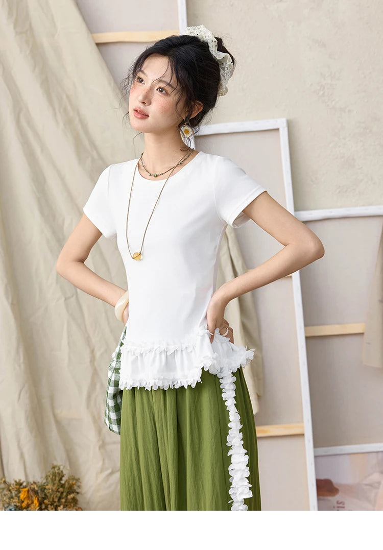 MISHOW White Ruffled T-shirt for Women Summer 2025 Round Neck Loose Slim Cotton Casual Tees with Red Lanyard Necklace MXE34T0557