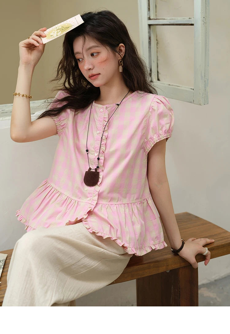 MISHOW Women's Puff Sleeve Plaid Button Shirt 2025 Summer New Fashion O-Neck Wood Ear Casual Shirt Cotton Pink Top MXE39X1932