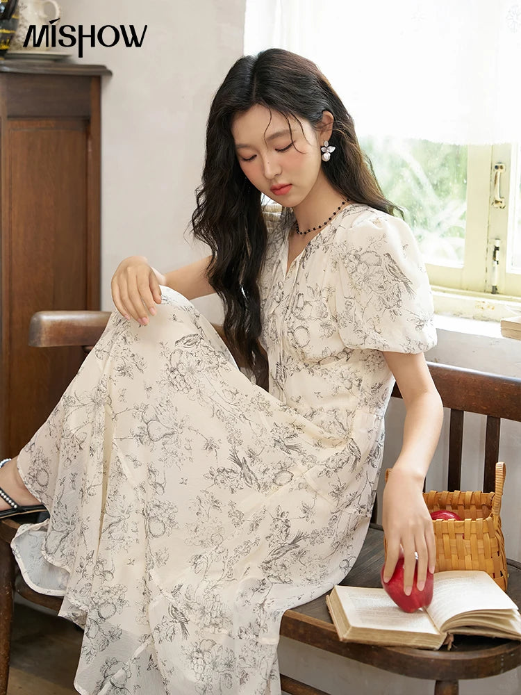 MISHOW Women's Print Chiffon Dresses 2025 Summer New Floral Short Sleeve Mid-length A-line Lace-up French Lady Dress MXD27L1841