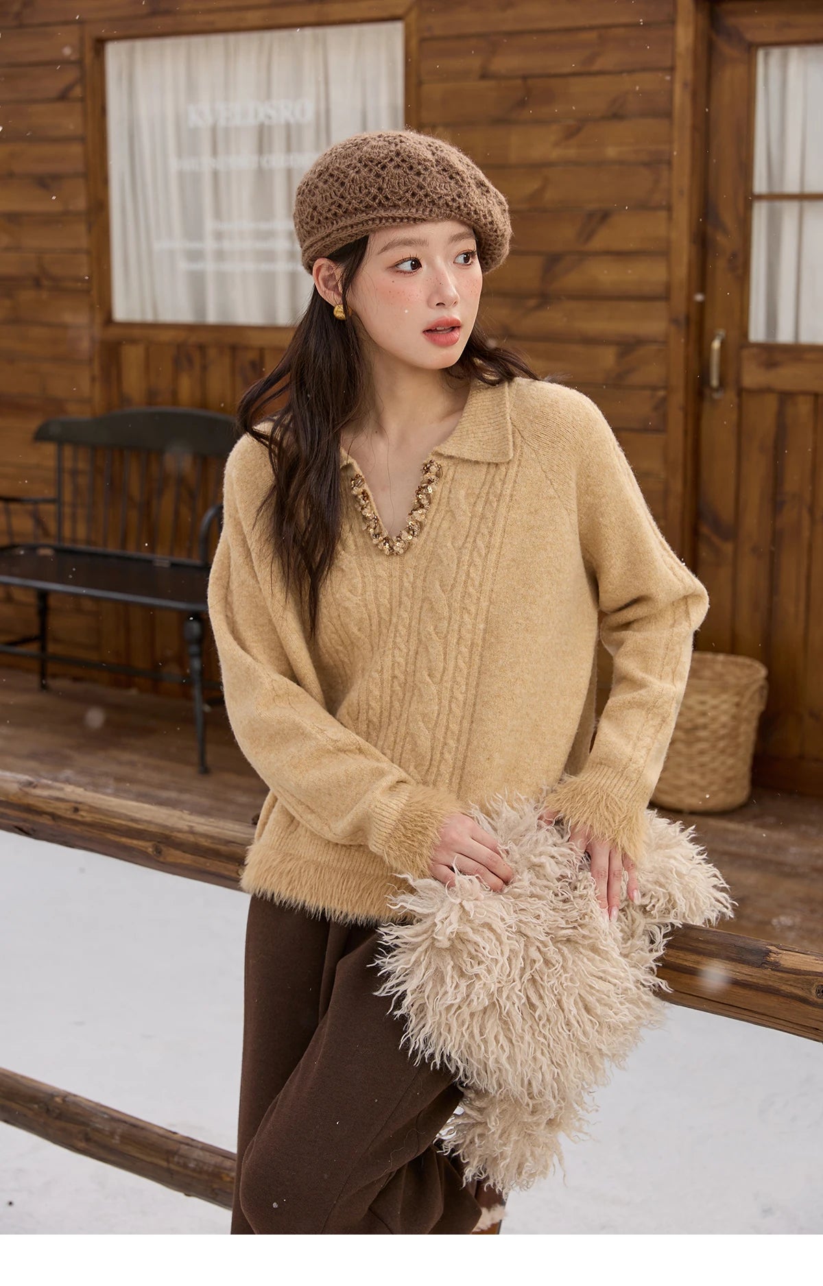 MISHOW Yellow Knitted Sweater for Women 2025 Winter New Long Sleeves Cable Plush Hem Stitching Casual Sweater Luxury MXE88Z2674