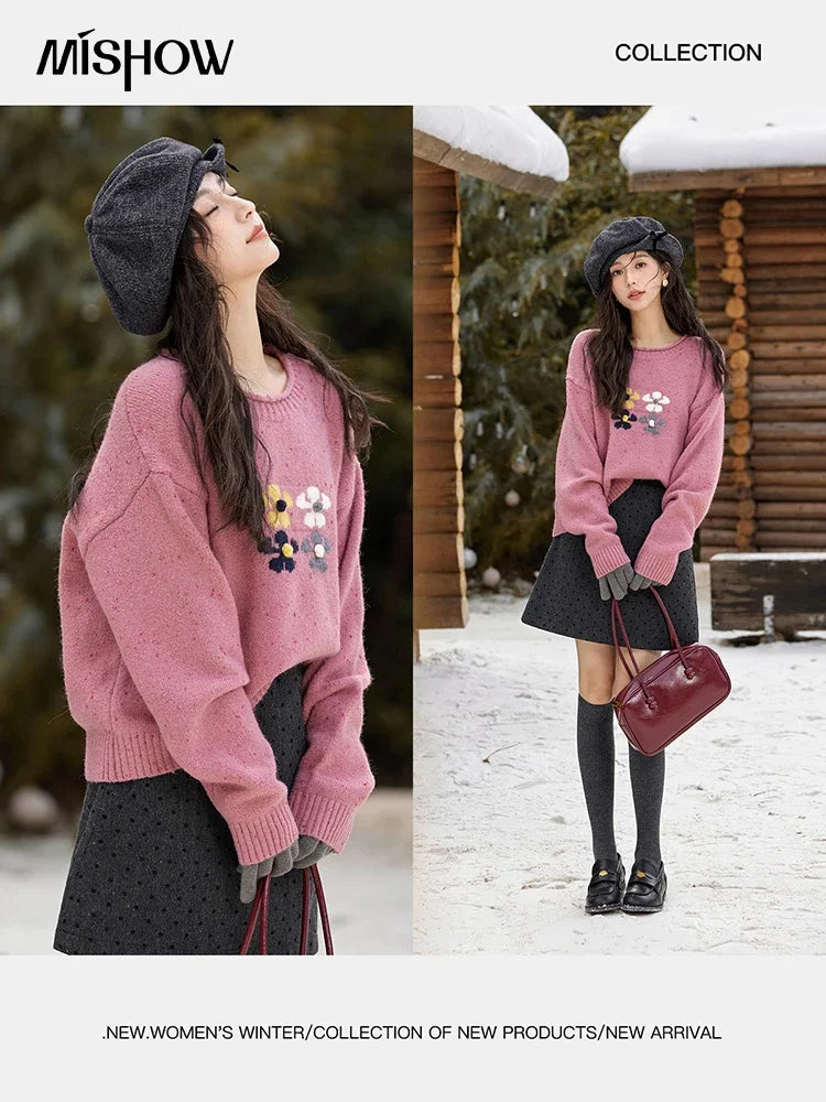 MISHOW Wool Blend Yarn Knitted Sweater Flower Color Dots Design 2024 Winter Women O-Neck Pullovers Lazy Sweaters MXD56Z1066