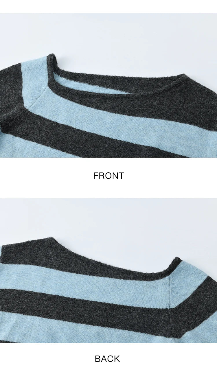 MISHOW Blue Gray Stripe Knitted Top 2025 Autumn Slanted Shoulder Collar Sweaters with Ribbon Loose Wool Blend Sweater MXE46Z2540