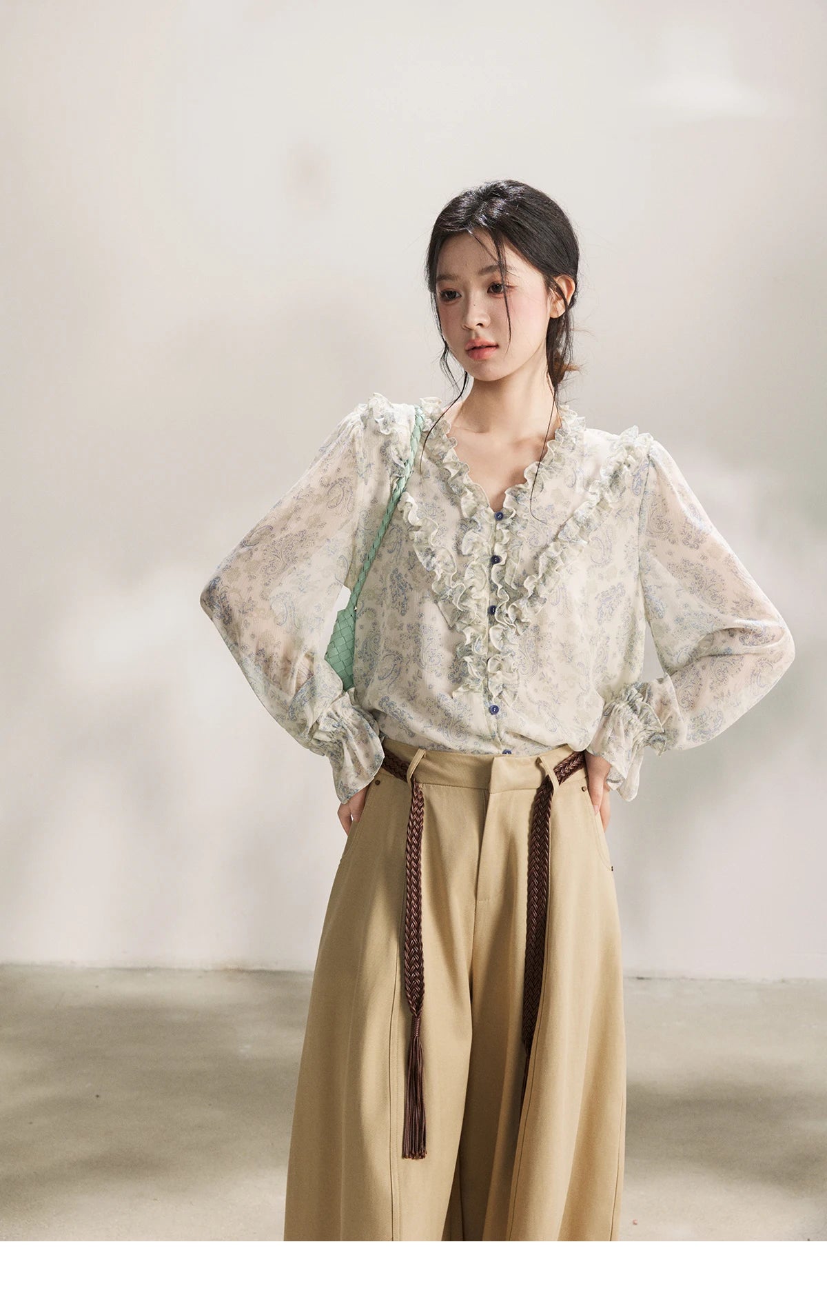 MISHOW Women's Khaki Wide Leg Pants 2026 Spring High Waist Belted Pants Rear Fake Pocket Design Casual Loose Trousers MXF13K1237