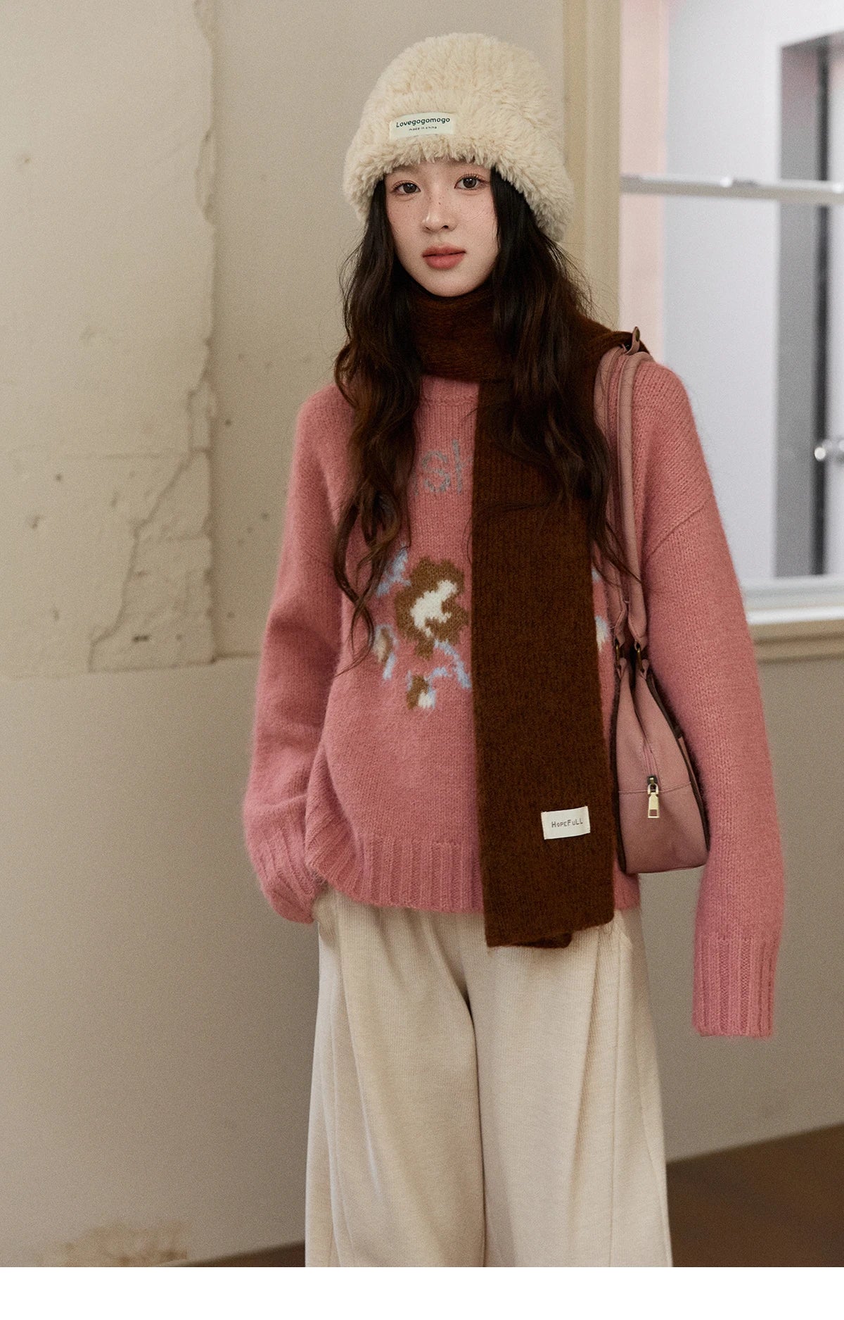 Mishow Pink Jacquard Crew Neck Pullover MXE91Z2831