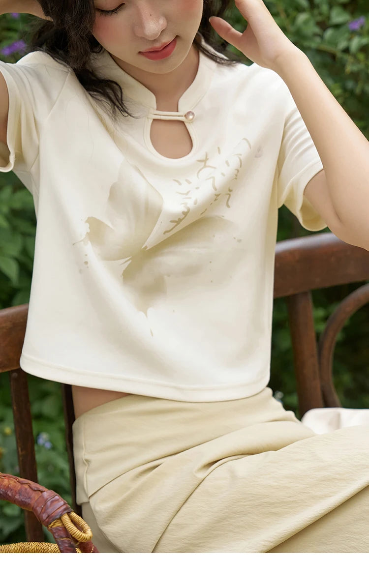 MISHOW Chinese Stand Collar Top Pleated Skirt Separately 2024 Summer Short Ink Painting Printed T-shirt A-line Skirt MXD27T0272