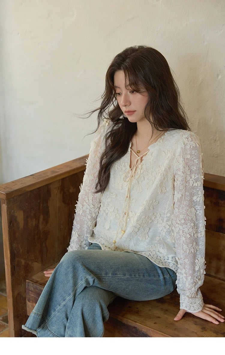 MISHOW Apricot Lace Jacquard Embroidered Shirt 2025 Autumn Black Fungus Edge Lace-up Vintage Commuter Top Office Lady MXE41X1927