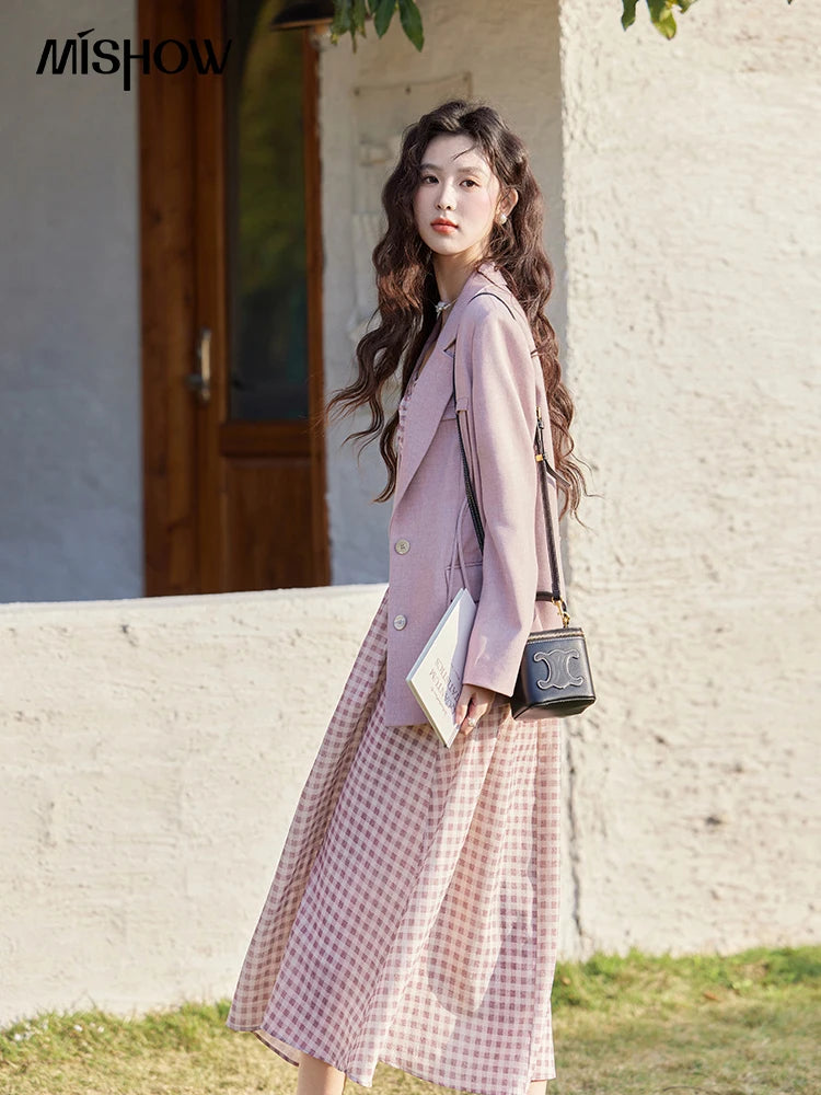 MISHOW Blazers for Women Spring 2025 Shoulder Pads Back Hem Slit Bow Coat Temperament Solid Single Breasted Blazer MXE13W0706