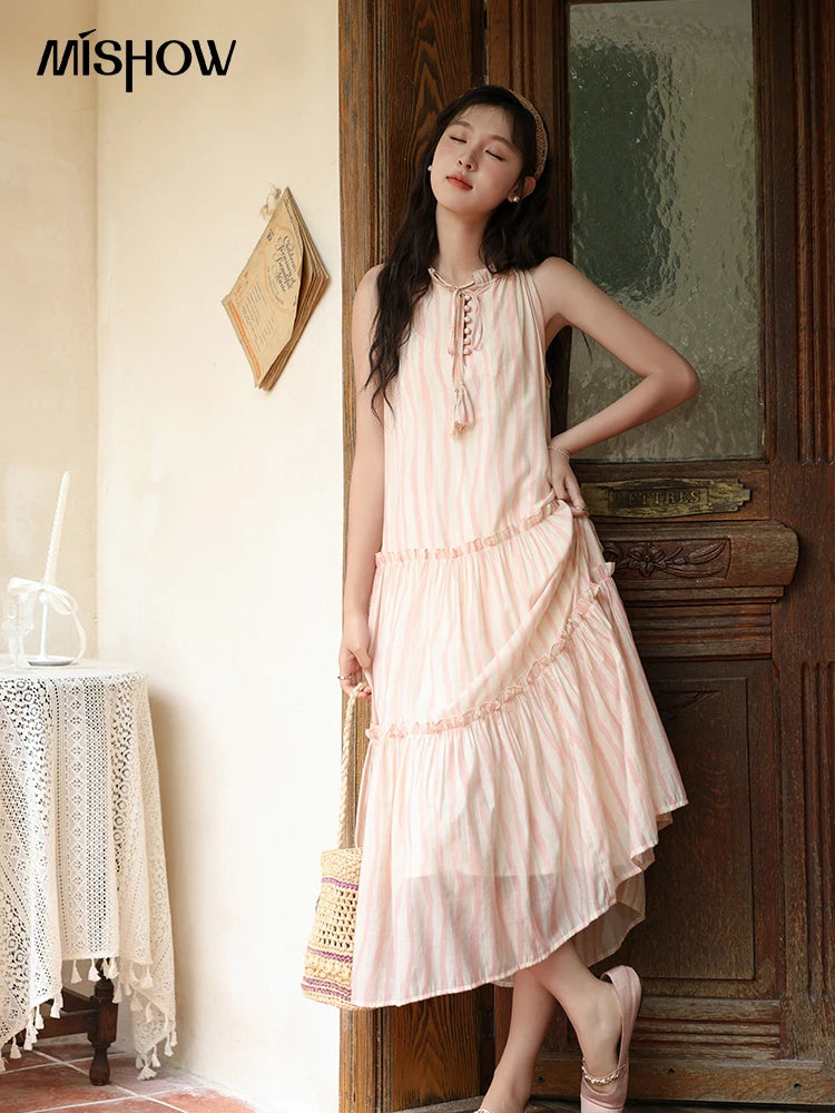 MISHOW Hanging Neck Striped Dress for Women 2024 Summer French Tea Break Camisole Dress Sweet Vacation Long Dresses MXD30L1951