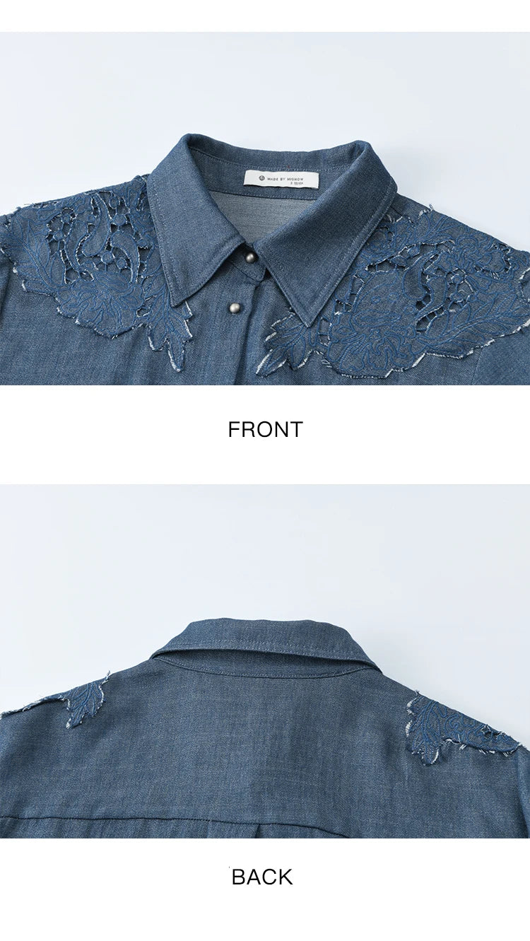 MISHOW Women's Blue Shirt Autumn 2025 Hollowed Out Patchwork Embroidery Tops Imitation Denim Fabric Loose Retro Shirt MXE46C2410