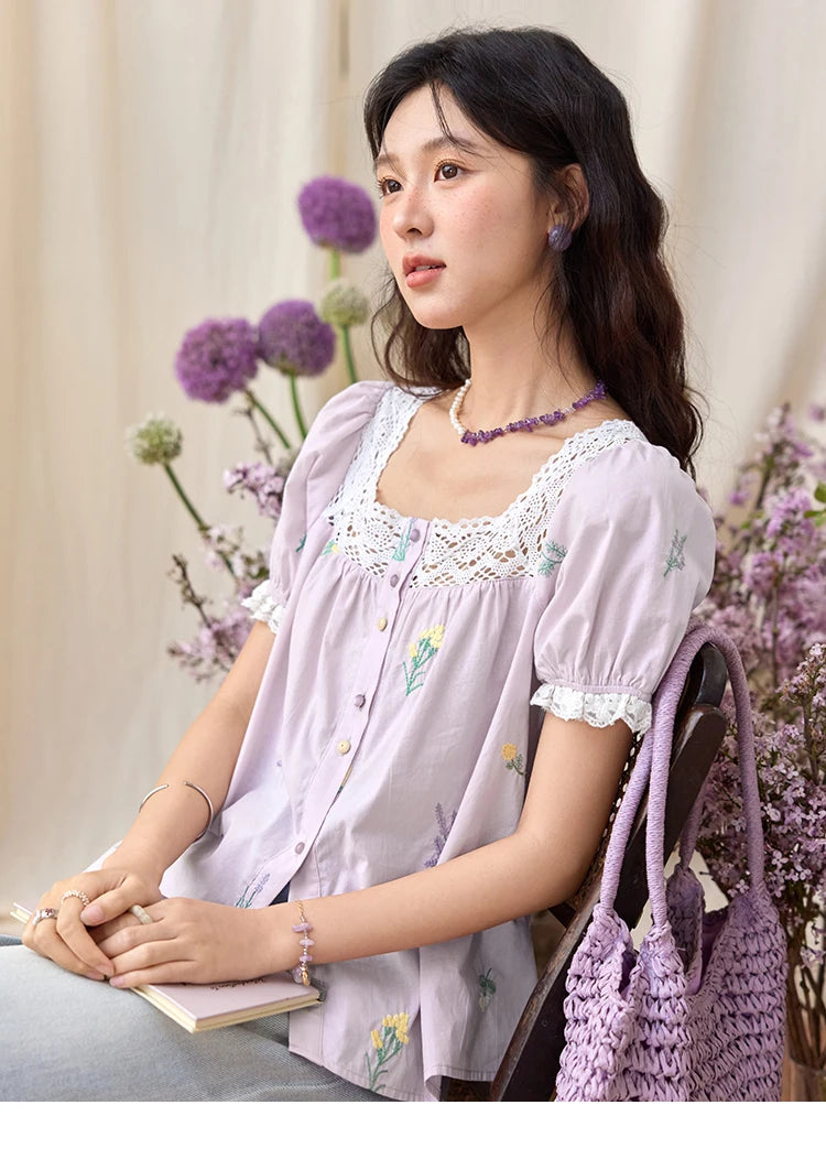 MISHOW Women's Lace Patchwork Embroidered Blouses 2025 Summer Korean Elegant Square Collar Blouse Short Sleeved Tops MXE36X1830