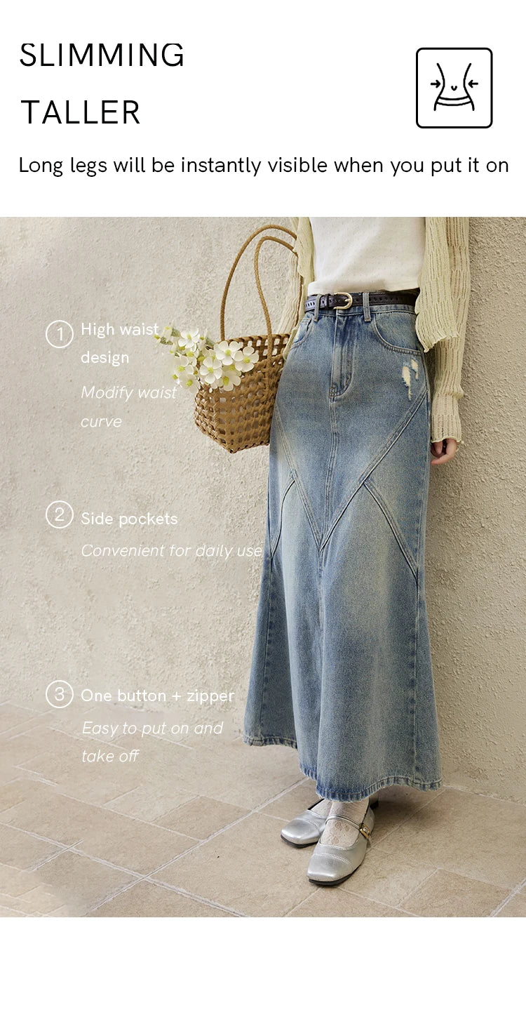 MISHOW Denim Skirt Women 2025 Spring Irregular Wash Denim Distressed Skirts Split Back Hem High Waist Commuter Skirt MXE14B0705