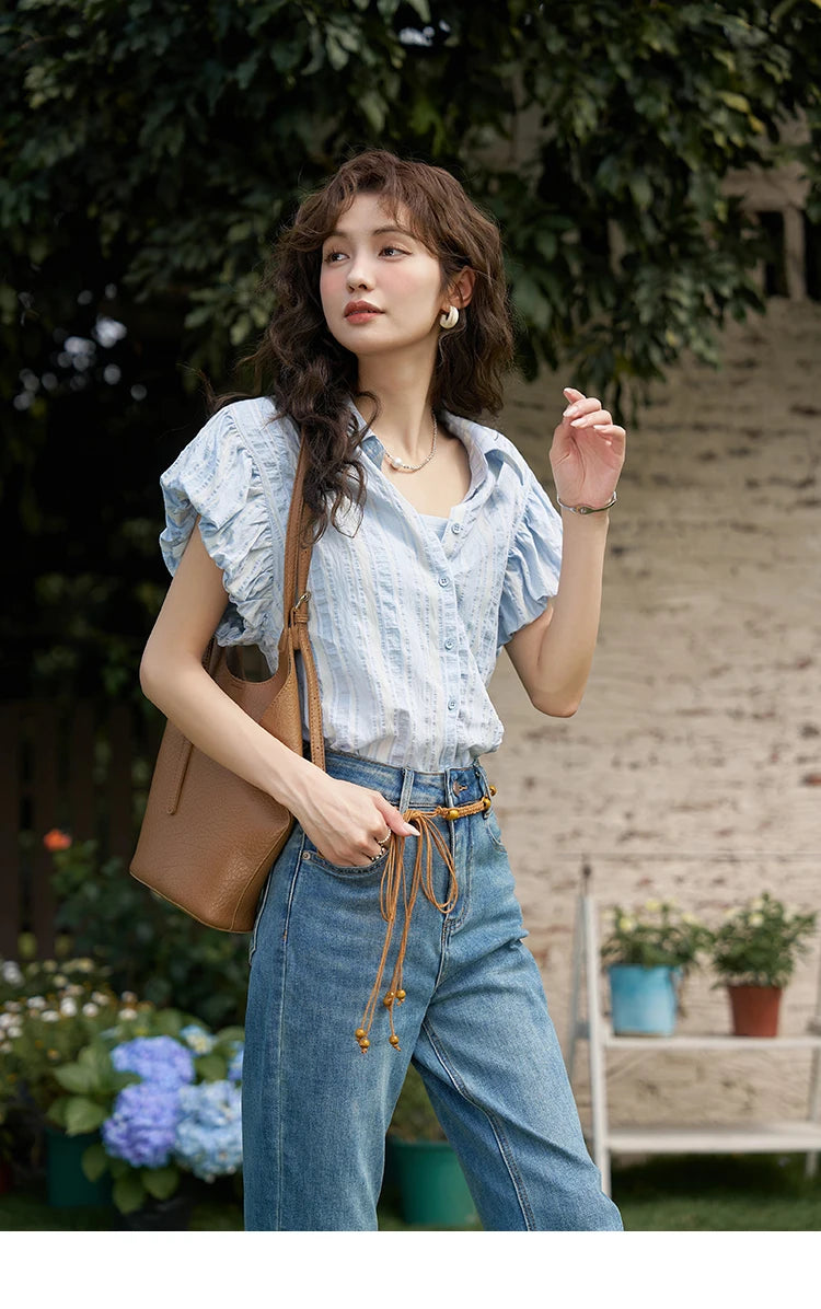 MISHOW Blue Striped Short Sleeve Shirt for Women Summer 2025 Bubble Flower Bud Sleeves Lapel Neck Shirt with Tube Top MXD24C0204