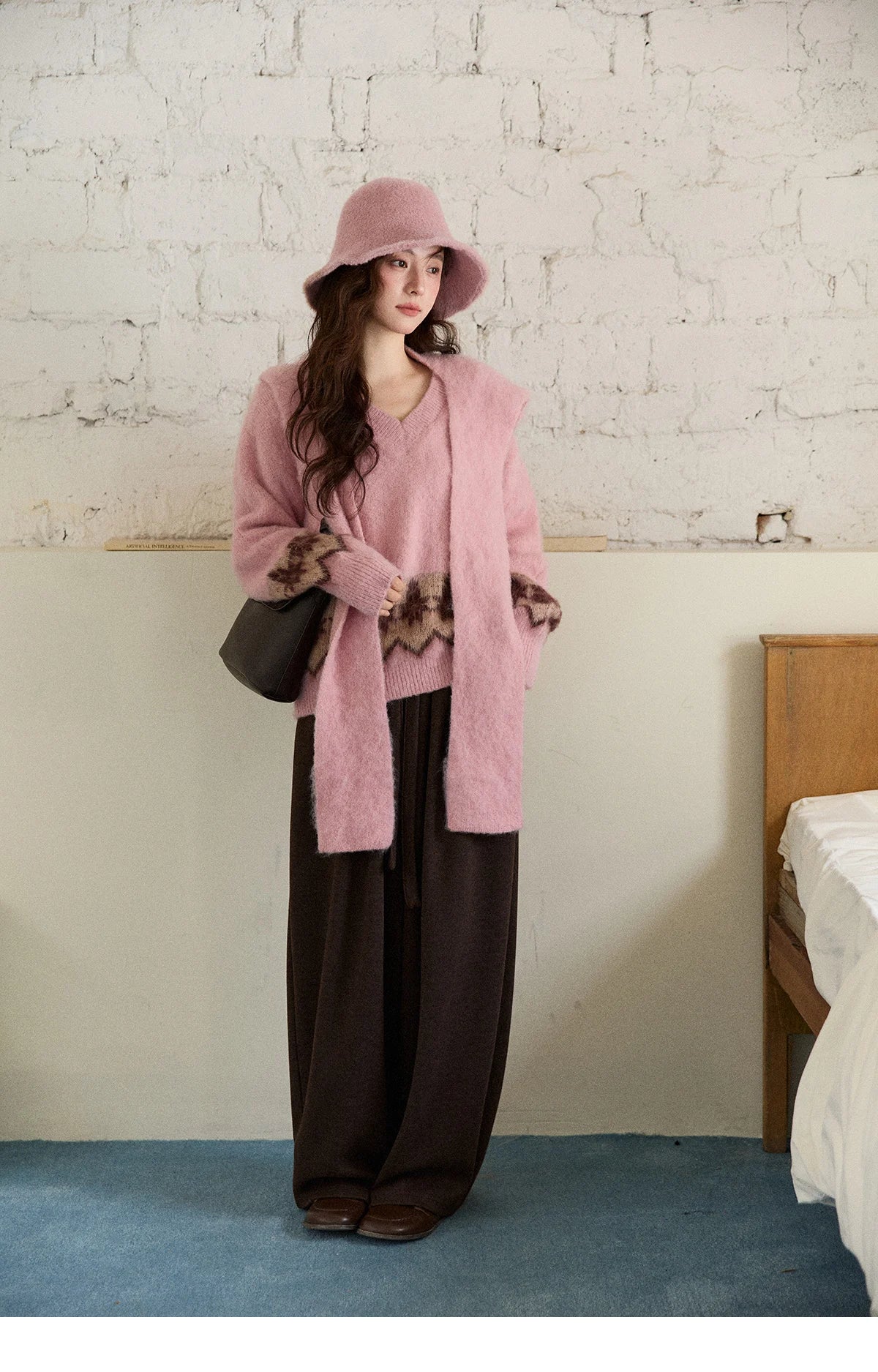 MISHOW Jacquard Pullovers for Women 2025 Winter Fashion Retro Geometric Pattern V-Neck Knitted Sweater with Shawl MXE86Z2654