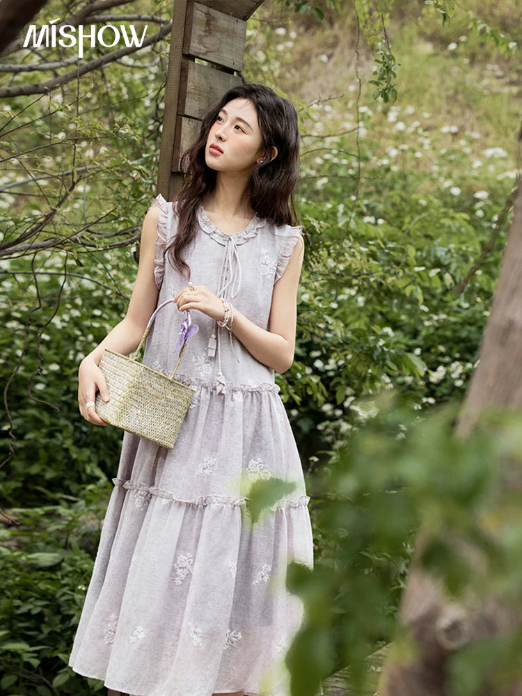 MISHOW Summer Embroidered Dress for Women 2025 New Round Neck Ruffled Sleeveless A-line Midi Dresses Female Fashion MXE33L2231