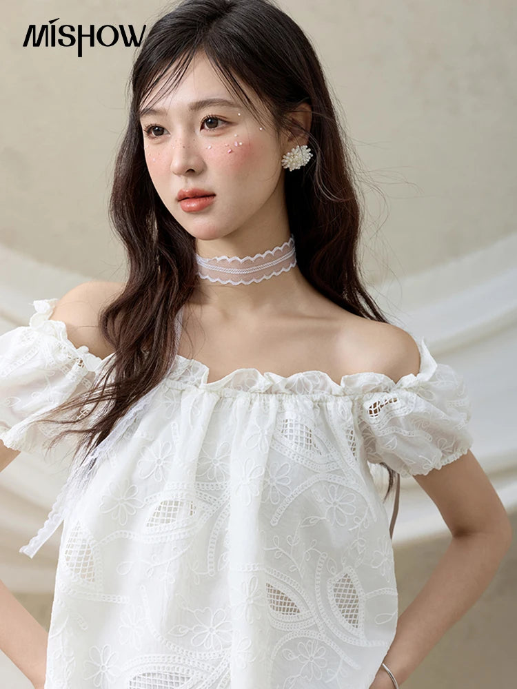 MISHOW French Summer Shirts Women New 2025 Slash Neck Short Sleeve Solid Lace Blouses Female Fashion Slim Tops Lady MXE35X1775