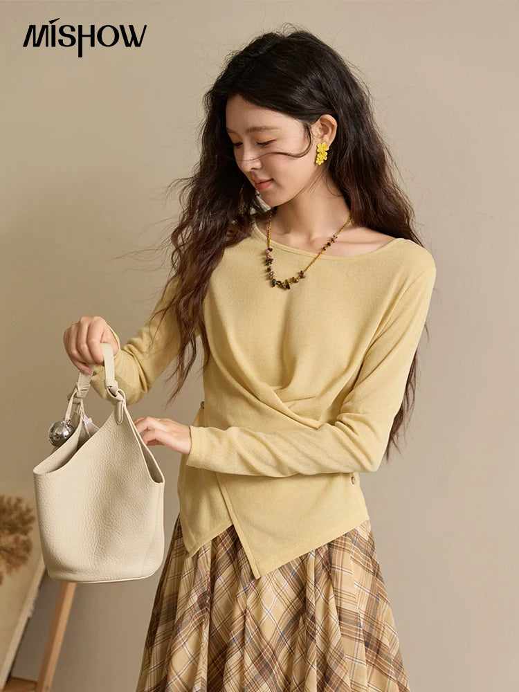 MISHOW Two-color Cross-strap Knitted Top for Women 2025 Autumn Winter New Classic Round Neck Slim Long Sleeves Top MXE43Z1344