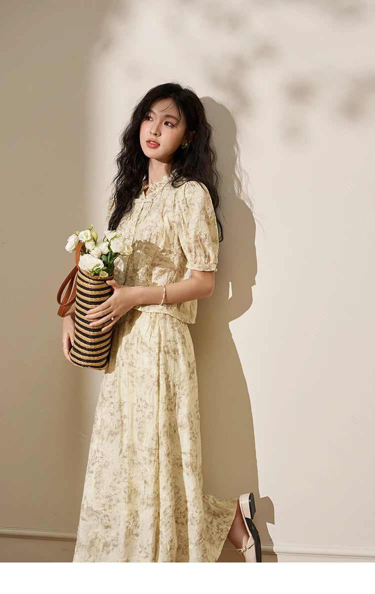 MISHOW Chinese Chiffon Embroidered Shirt A-line Skirt Separately Summer Puff Sleeve Top Rear Elastic Waist Skirt MXD24X1405